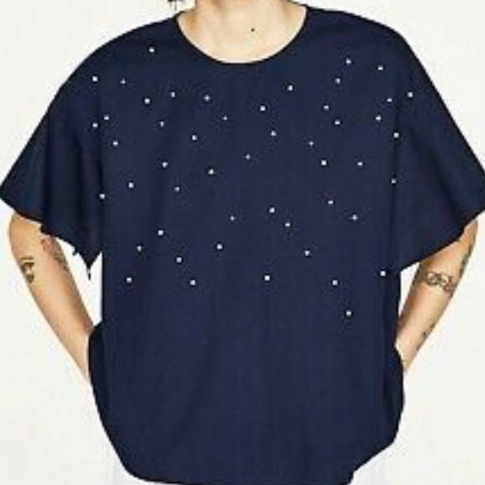 ZARA Pearl embellished Short Flutter Sleeve Top Blouse Blue SMALL